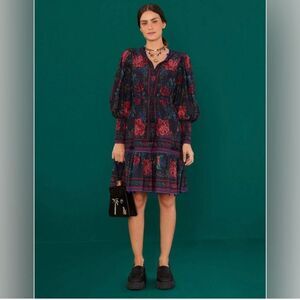 Farm Rio Nwt Black Flower Tapestry Mini Dress, Drawstring Waist Cottagecore